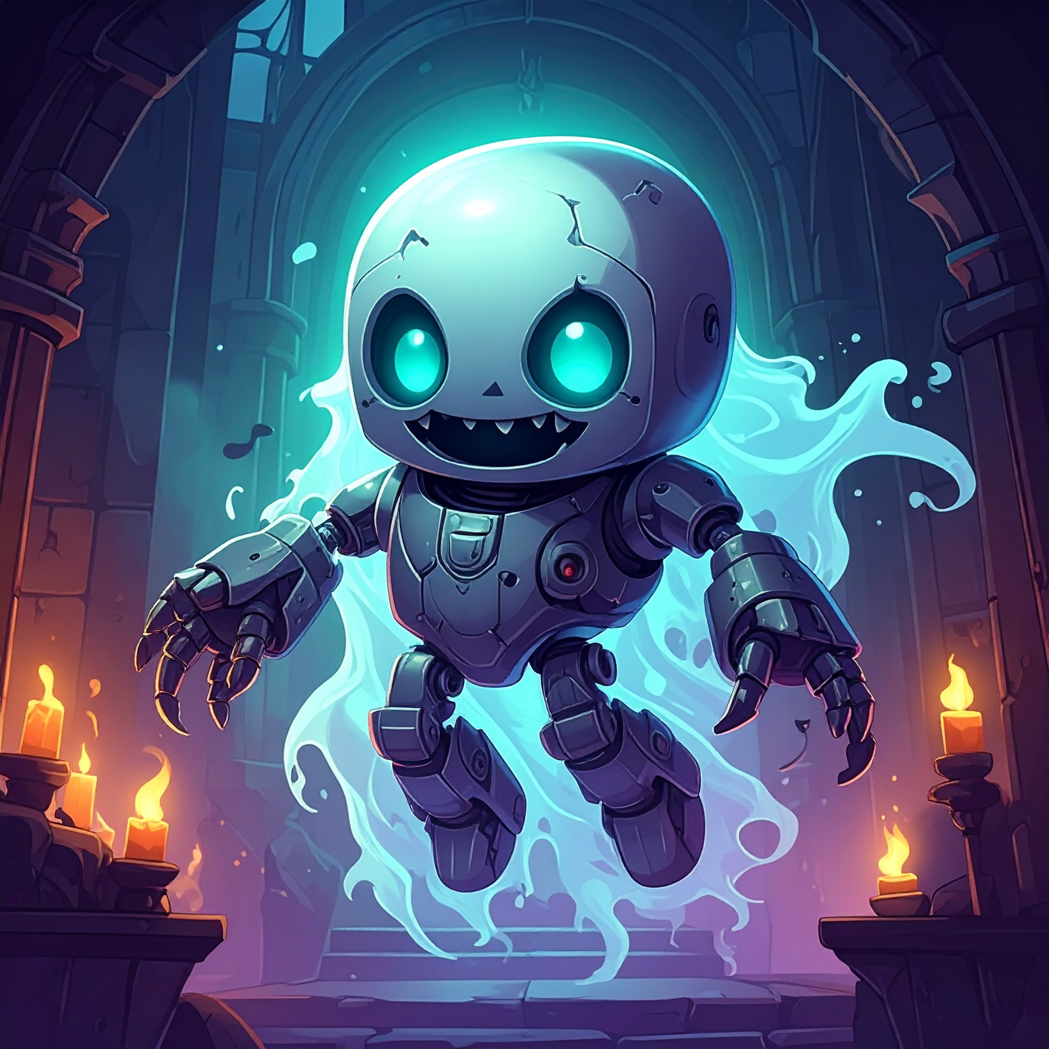 A smiling spectral robot materializing in a gothic arch